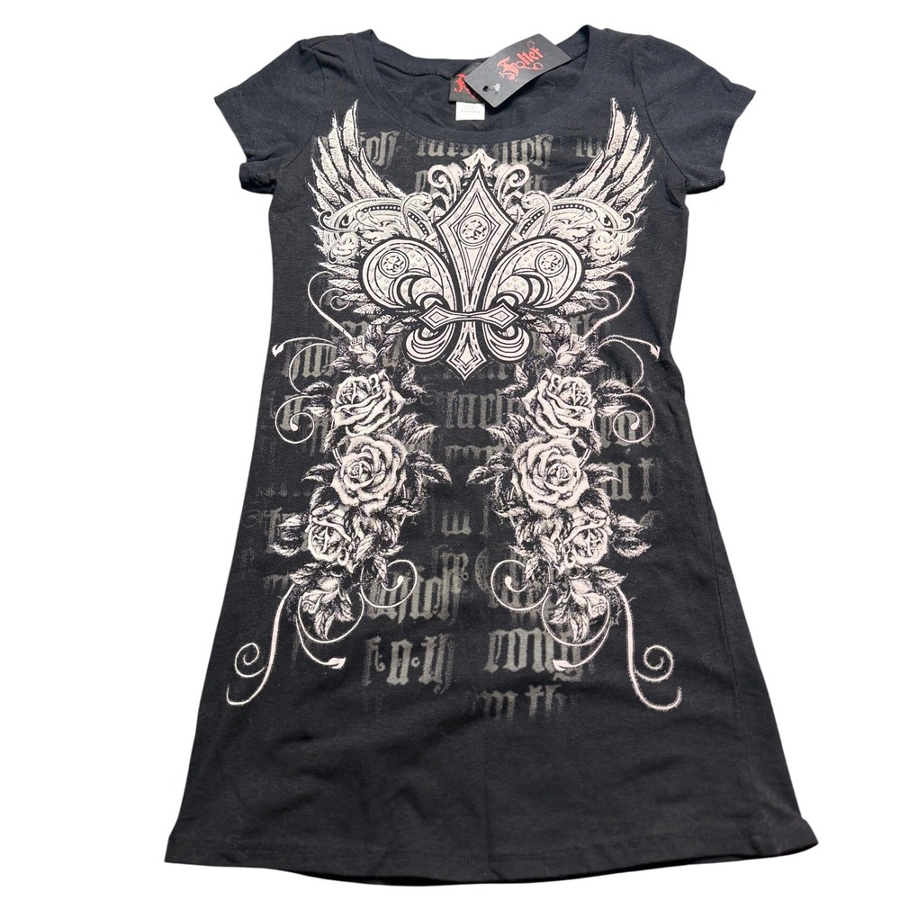 Folter Black Graphic Tunic Top Wings Roses Gothic Medium NWT